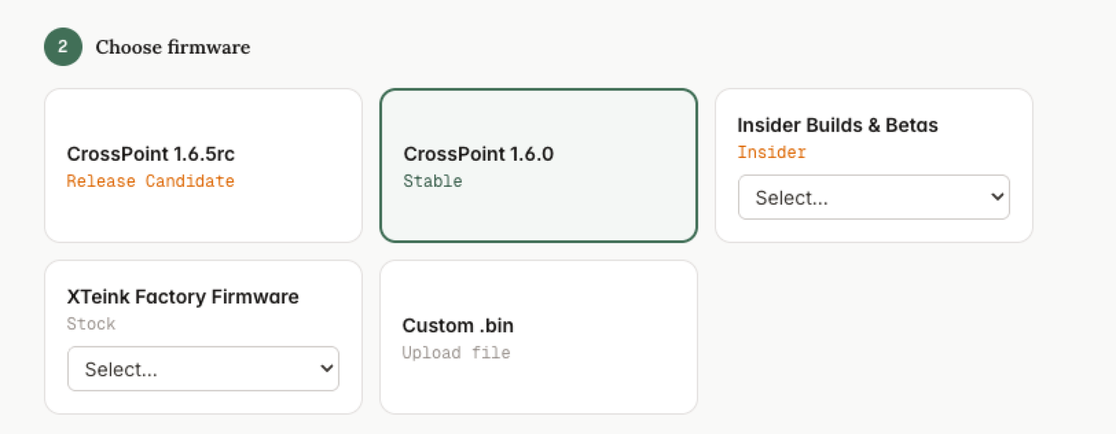 The firmware choices on CrossPoint Reader